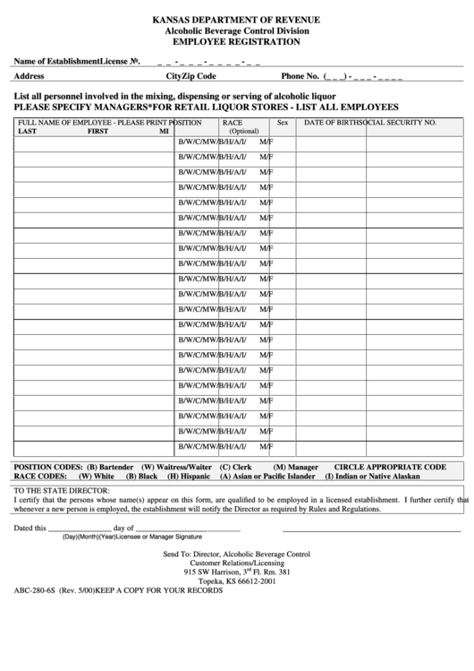 Form Abc-280-6s - Employee Registration Form - Department Of Revenue - Kansas Printable pdf