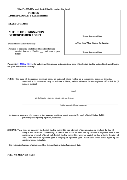 Fillable Form Mllp-12d - Notice Of Resignation Of Registered Agent - Foreign Limited Liability Partnership Printable pdf