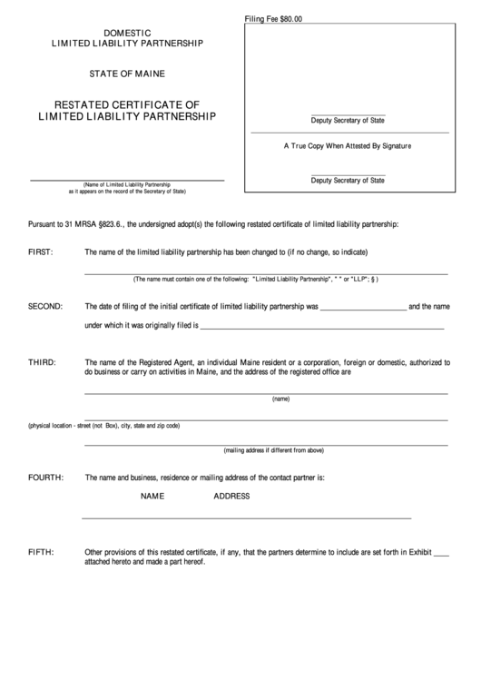 Fillable Form Mllp-6a - Restated Certificate Of Limited Liability Partnership Printable pdf