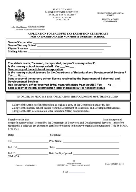 Application For Sale/use Tax Exemption Certificate For An Incorporated Nonprofit Nursery School Form Printable pdf