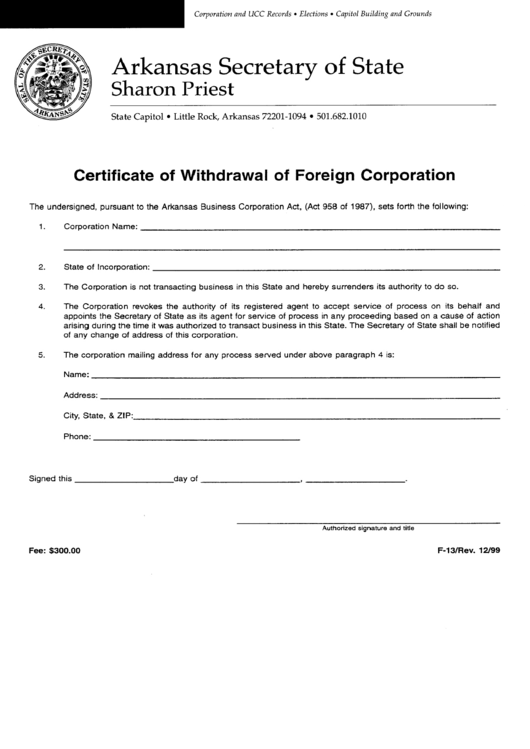 Form F-13 - Certificate Of Withdrawal Of Foreign Corporation Form - Secretary Of State - Arkansas Printable pdf