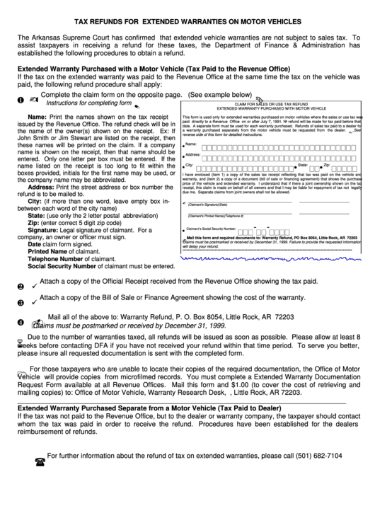 Tax Refunds For Extended Warranties On Motor Vehicles Form Printable pdf