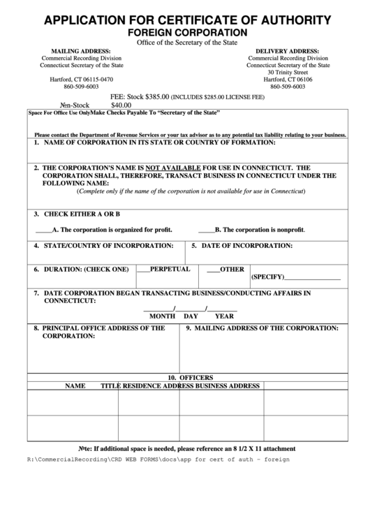 Application For Certificate Of Authority Foreign Corporation - Connecticut Secretary Of The State - 2010 Printable pdf