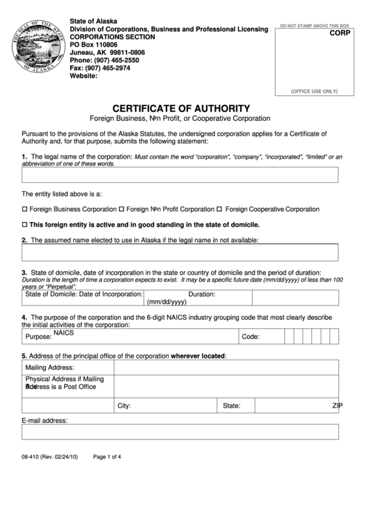 Fillable Certificate Of Authority Foreign Business Non Profit Or