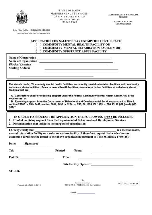 Application Form For Sale/use Tax Exemption Certificate ( ) Community Mental Health Facility Or ( ) Community Mental Retardation Facility Or ( ) Community Substance Abuse Facility Printable pdf