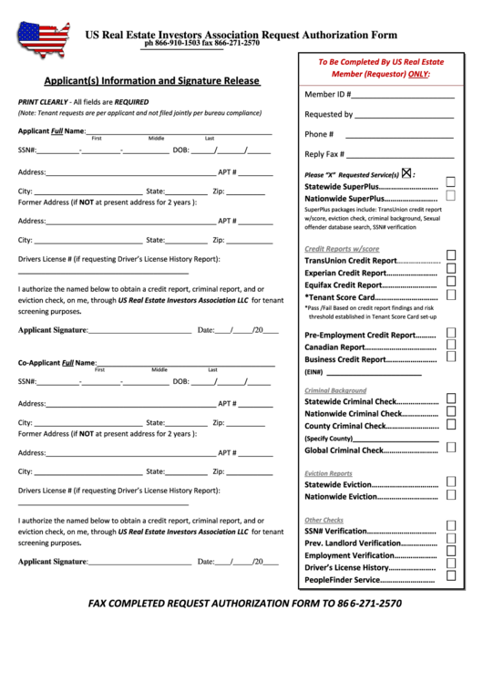 Fillable Applicant(S) Information And Signature Release Form - Us Real Estate Investors Association Printable pdf