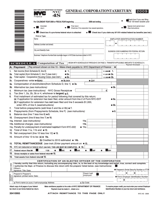 Fillable Form Nyc-4s - General Corporation Tax Return - 2009 Printable pdf