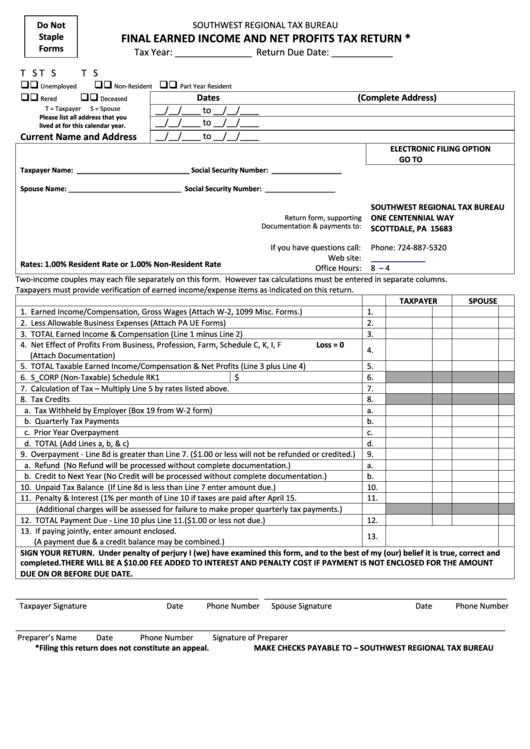 Final Earned Income And Net Profits Tax Return - Southwest Regional Tax Bureau Printable pdf