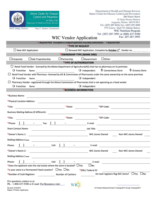 Wic Vendor Application Form - Maine Department Of Health And Human Services Printable pdf