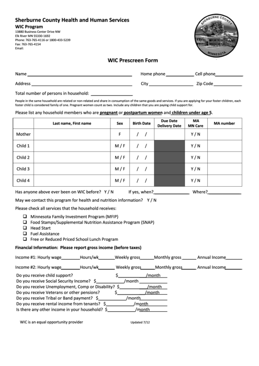 Wic Prescreen Form - Sherburne County Health And Human Services Printable pdf