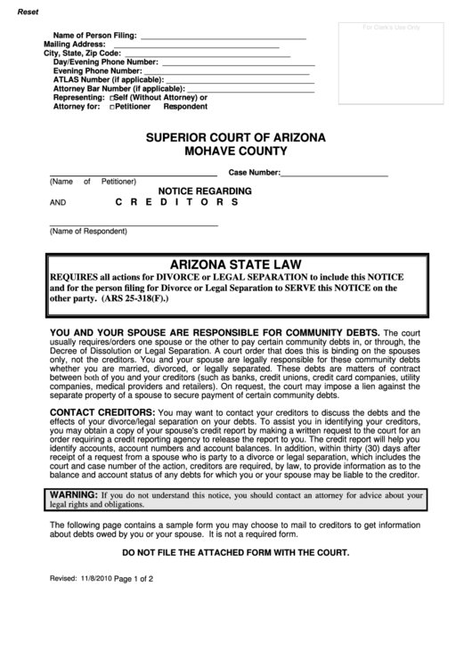 Fillable Request For Account Information From Creditors Form - Superior Court Of Arizona, Mohave County Printable pdf