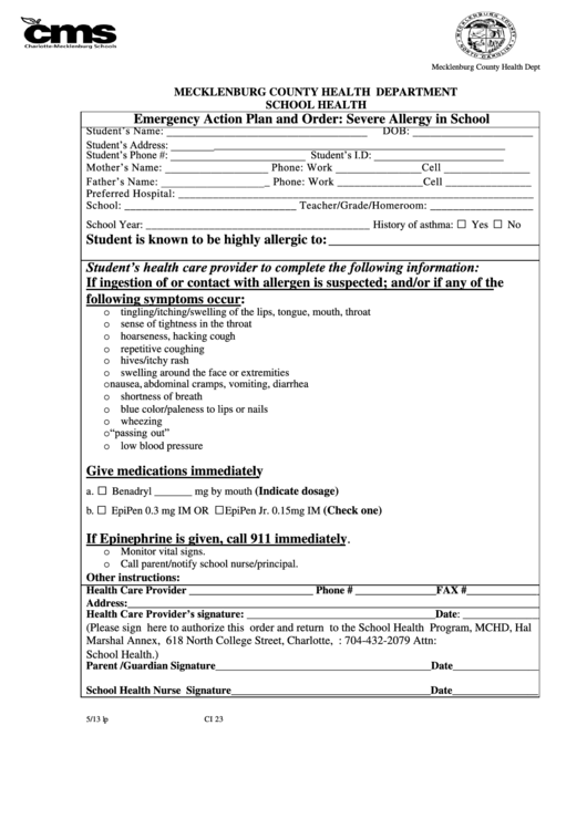 Emergency Action Plan And Order Form: Severe Allergy In School - Mecklenburg County Health Department Printable pdf