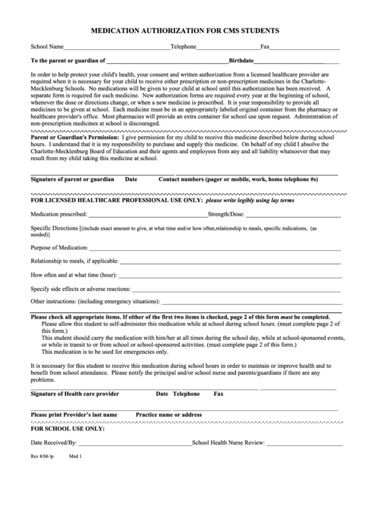 Medication Authorization For Cms Students Form/authorization For Self-Medication By Cms Students Form - 2006 Printable pdf