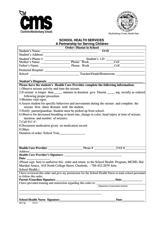 Diastat Md Order Form - School Health Services Printable pdf