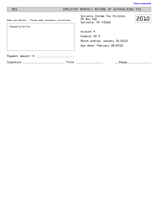 Fillable Form M01 - Employer Monthly Return Of Withholding Tax 2010 Printable pdf