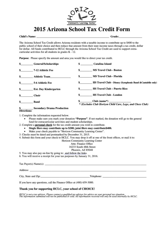 2015 Arizona School Tax Credit Form Printable pdf