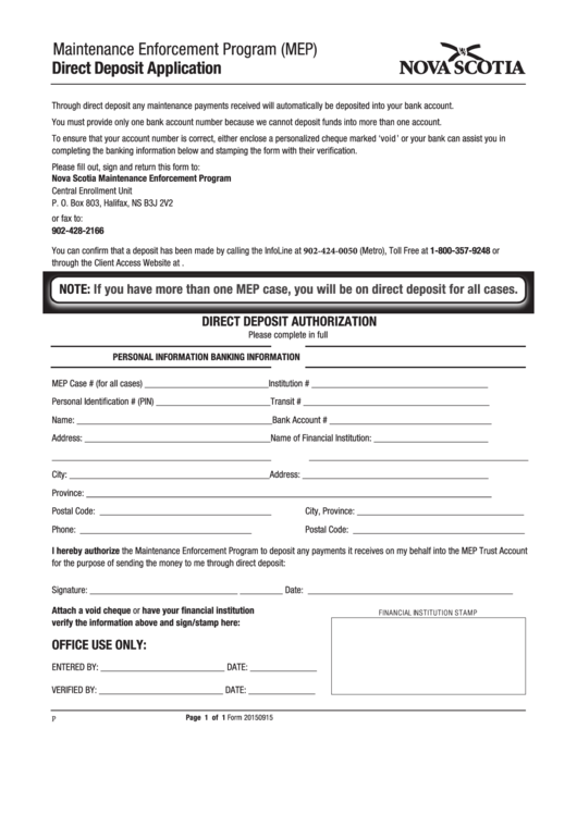 Form 20150915 - Direct Deposit Application - Government Of Nova Scotia Printable pdf