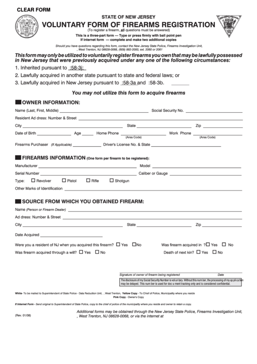 Fillable Voluntary Form Of Firearms Registration Form - New Jersey Printable pdf