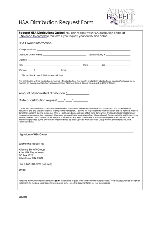 Hsa Distribution Request Form - Hsa Department Printable pdf
