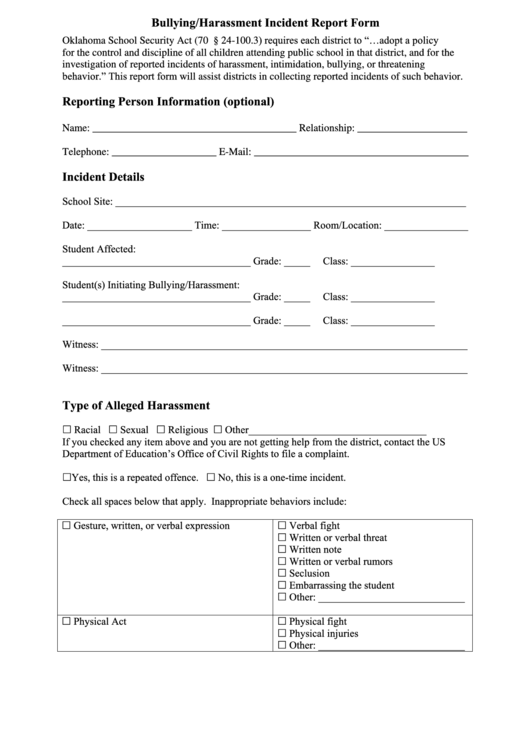Fillable Bullying/harassment Incident Report Form - Oklahoma State Department Of Education Printable pdf
