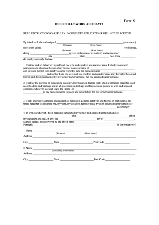 Form G - Deed Poll/sworn Affidavit Printable pdf