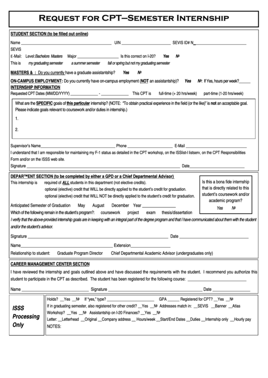 Fillable Request For Cpt-Semester Internship Form Printable pdf