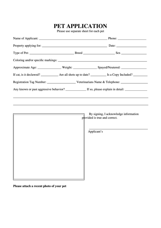 Pet Application Form Printable pdf