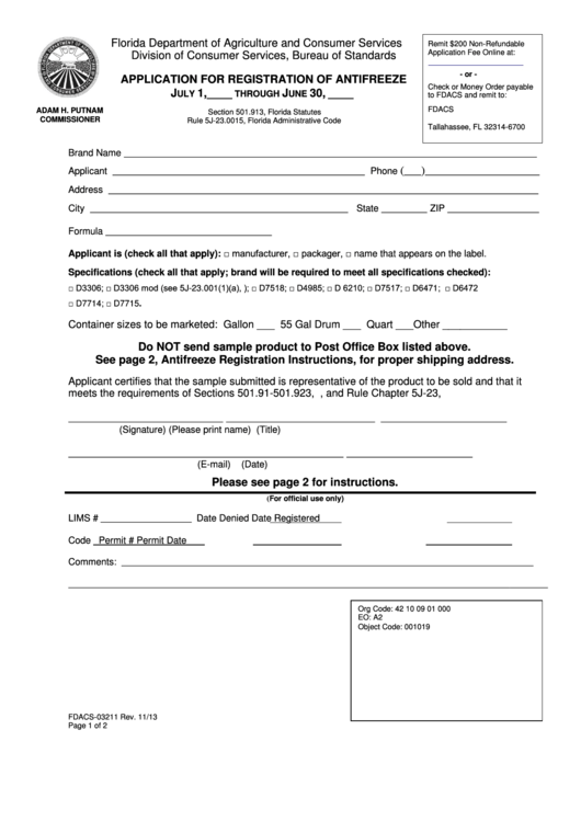 Fillable Application For Registration Of Antifreeze Form - Florida Department Of Agriculture And Consumer Services Printable pdf