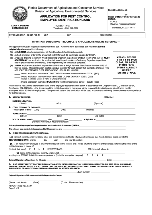 Application For Pest Control Employee-Identification Card Form - Florida Department Of Agriculture And Consumer Services Printable pdf