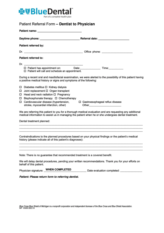 Fillable Patient Referral Form - Dentist To Physician - Blue Cross Blue Shield Of Michigan Printable pdf