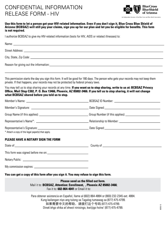 Confidential Information Release Form - Hiv - Blue Cross Blue Shield Of Arizona Printable pdf