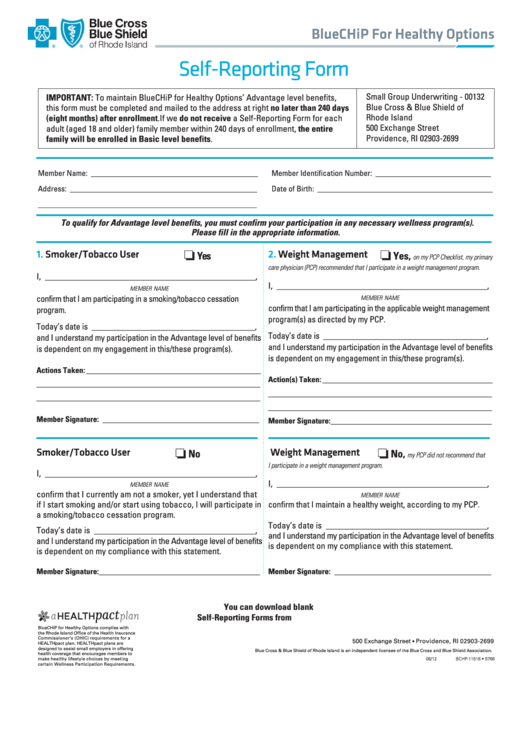 Self-Reporting Form - Blue Cross Blue Shield Of Rhode Island Printable pdf