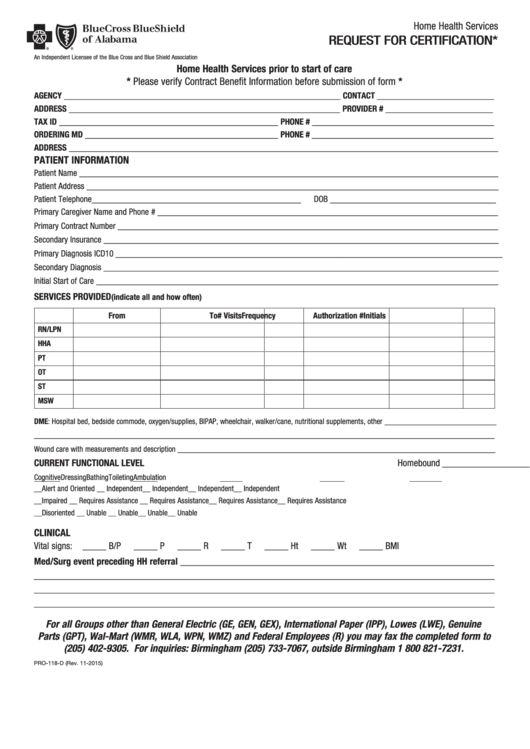 Home Health Request For Certification Form - Blue Cross Blue Shield Of Alabama Printable pdf