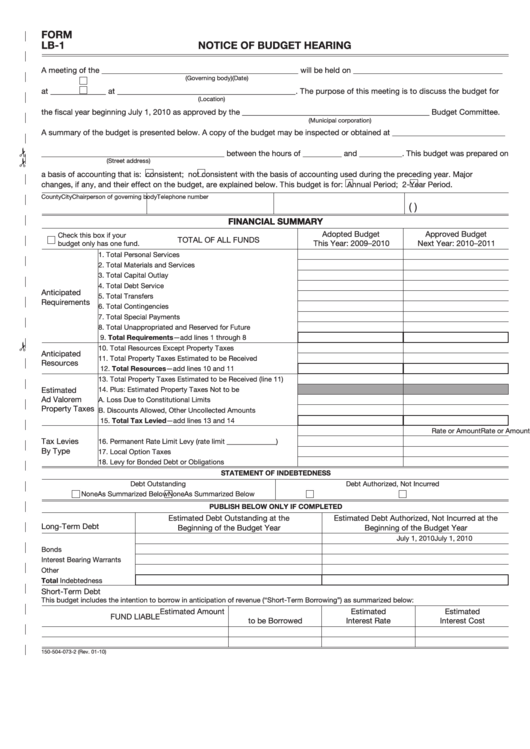 Form Lb-1 - Notice Of Budget Hearing - 2010