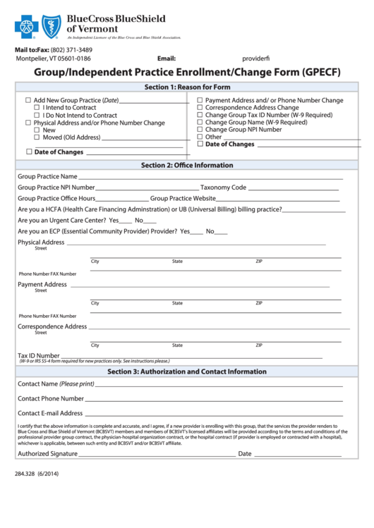 Group/independent Practice Enrollment/change Form (Gpecf) - Blue Cross Blue Shield Of Vermont Printable pdf