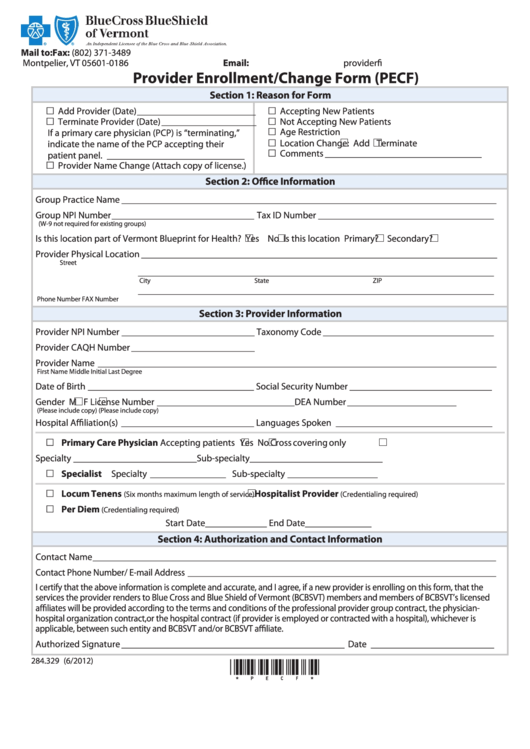 Fillable Provider Enrollment/change Form (Pecf) - Blue Cross Blue Shield Of Vermont Printable pdf