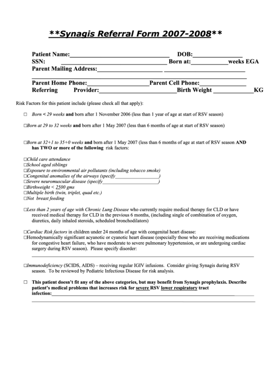 Synagis Referral Form 2007-2008 Printable pdf
