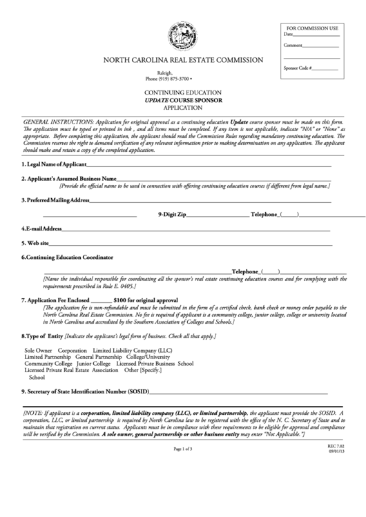 Fillable Update Course Sponsor Application (Form Rec 7.02) - North Carolina Real Estate Commission Printable pdf