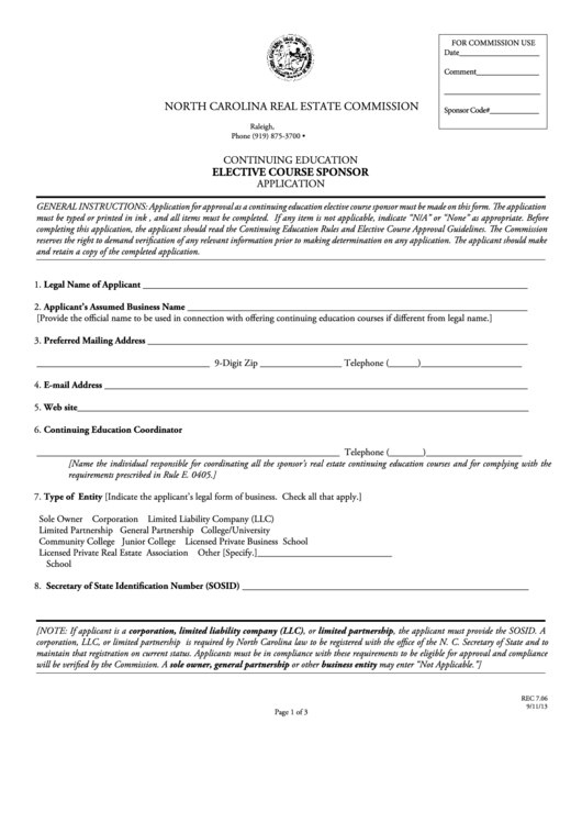 Fillable Ce Elective Course Sponsor Application (Form Rec 7.06) - North Carolina Real Estate Commission Printable pdf