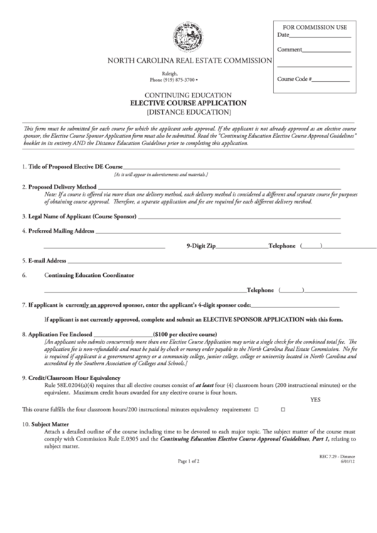 Fillable Ce Elective Course Application (Form Rec 7.29 Distance) - North Carolina Real Estate Commission Printable pdf