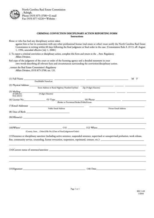 Fillable Criminal Conviction Disciplinary Action Reporting Form (Form Rec 2.09) - North Carolina Real Estate Commission Printable pdf