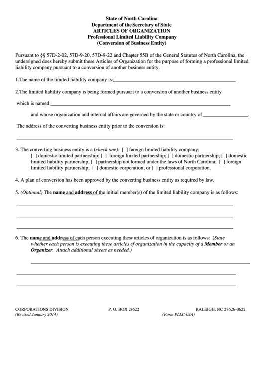 Fillable Form Pllc-02a - Articles Of Organization Professional Limited Liability Company (Conversion Of Business Entity) Printable pdf