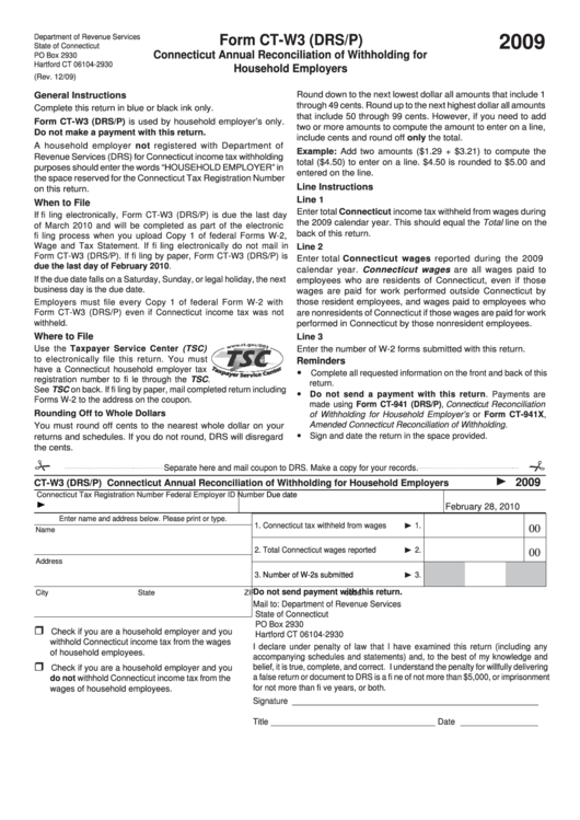 Form Ct-W3 (Drs/p) - Connecticut Annual Reconciliation Of Withholding For Household Employers - 2009 Printable pdf