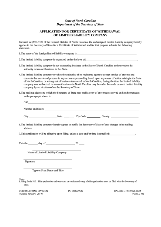 Fillable Form L-14 - Application For Certificate Of Withdrawal Of Limited Liability Company - 2014 Printable pdf