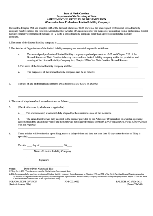 Fillable Form Pllc-04 - Amendment Of Articles Of Organization (Conversion From Professional Limited Liability Company) - 2014 Printable pdf