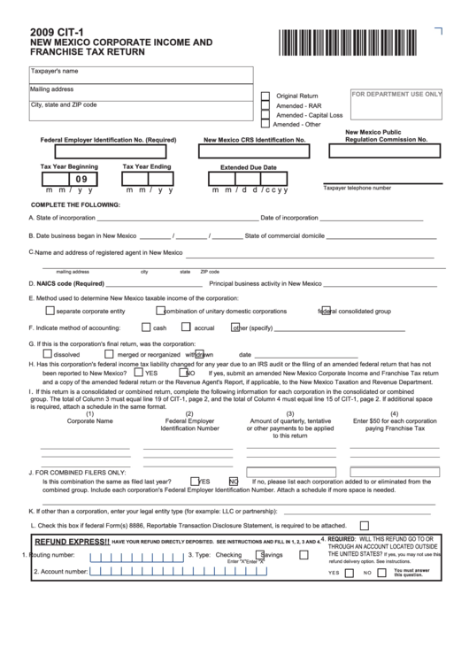 Form Cit-1 - New Mexico Corporate Income And Franchise Tax Return - 2009 Printable pdf
