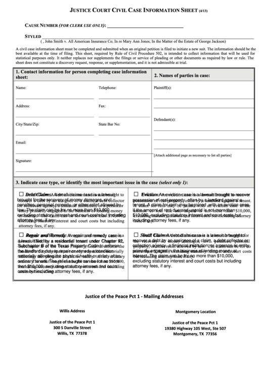 Justice Court Civil Case Information Sheet - Petition: Small Claims Case - 2013