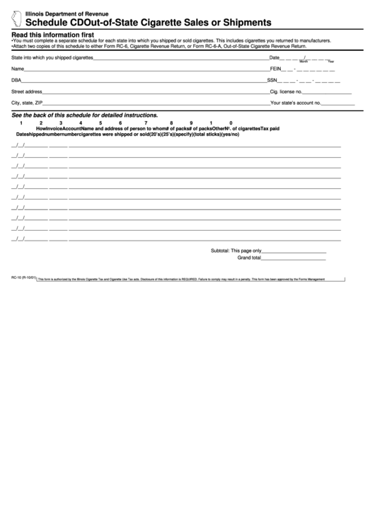 Schedule Cd (Form Rc-10) - Out-Of-State Cigarette Sales Or Shipments - 2001 Printable pdf