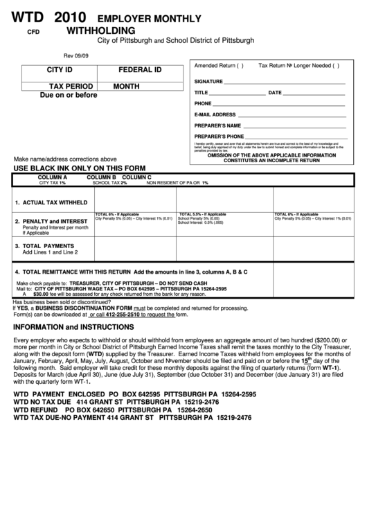 Form Wtd - Employer Monthly Withholding - City Of Pittsburgh - 2010 Printable pdf
