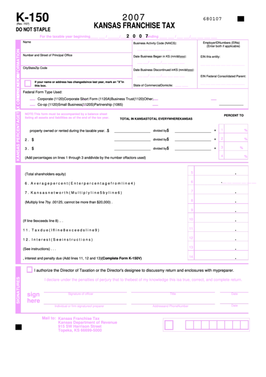 Form K-150 - Kansas Franchise Tax - 2007 Printable pdf